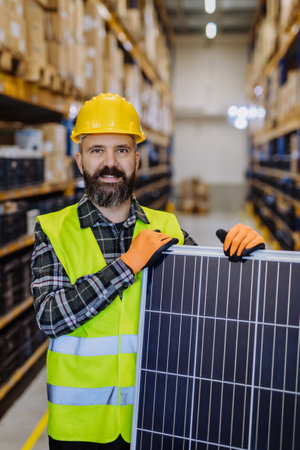 Portrait of warehouse worker with solar panel.の写真素材