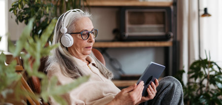 Senior woman spending her leisure time with a digital tablet.