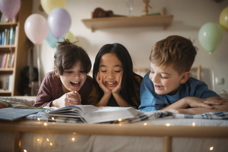 Three happy friends reading a book together in a room.の写真素材
