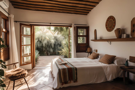 Illustration of modern bedroom with big windows,created with Generative AI technology.の素材