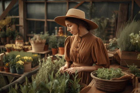 Ilustration of young woman with hat in greenhouse, resting. Created with Generative AI technology.の素材