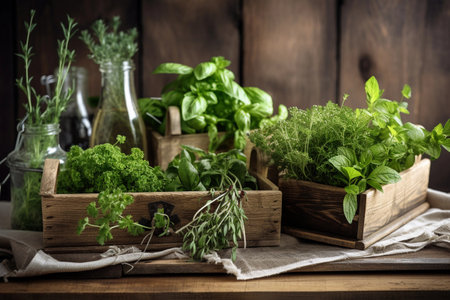 Close up of a harvested herbs in baskets, created with Generative AI technology.の素材