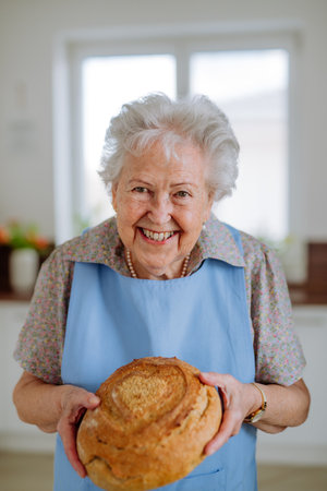 Portrait of senior woman with fresh baked bread.の写真素材