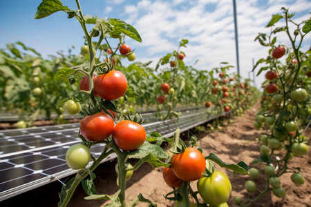 Close up of tomatoes growing on farm with solar panels, created with Generative AI technology.の素材