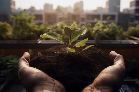 Close up of hands holding a plant, created with Generative AI technology.の素材