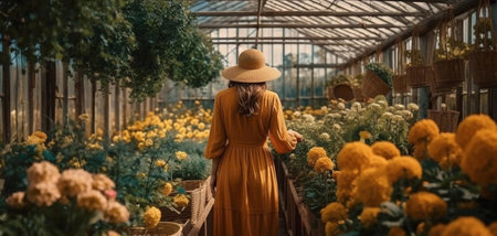 Rear view of young woman in a greenhouse full of flowers. Created with Generative AI technology.の素材