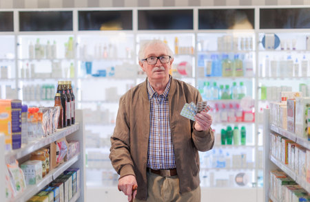 Portrait of senior man holding medicine,standying in a pharmacy store.の写真素材