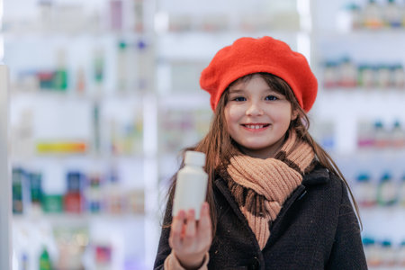 Portrait of little girl holding medicine in a pharmacy.の写真素材