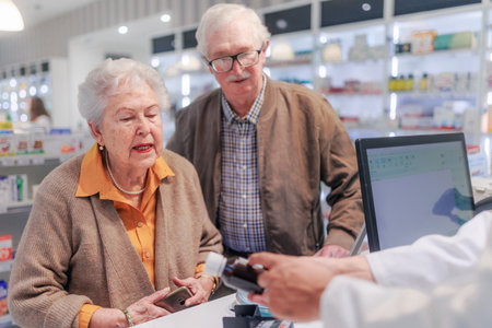 Young pharmacist selling medications to senior couple.の写真素材