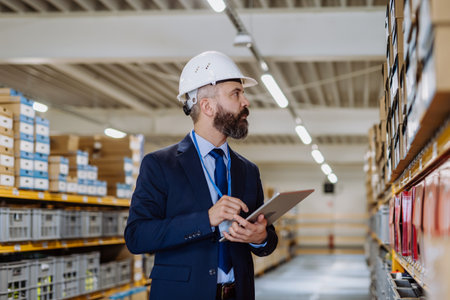 Manager in suit controlling goods in a waehouse.の写真素材