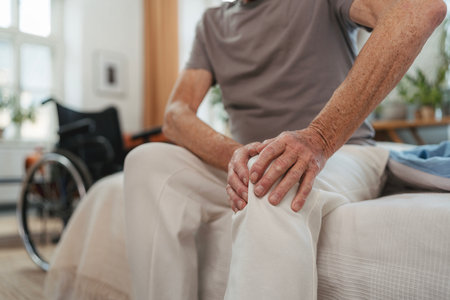 Close up of senior man with knee pain sitting on a bed.の写真素材