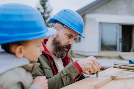 Father and his little son working in front of their unfinished house.の写真素材