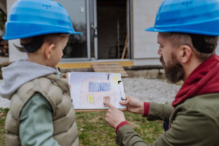 Father and his little son in front of their unfinished house holding picture with paper house with solar panels.の写真素材