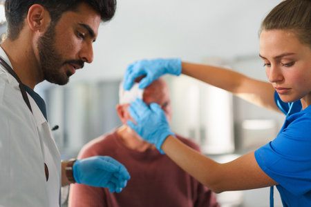 Young doctor and nurse treating injury of senior man.の写真素材