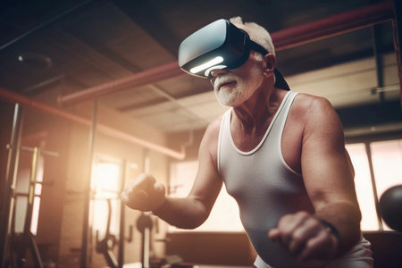 Senior man with virtual reality goggles, created with Generative AI technology.の素材