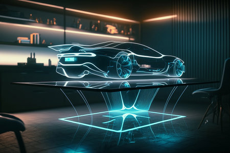 Hologram of new design of electric car, created with Generative AI technology.の素材
