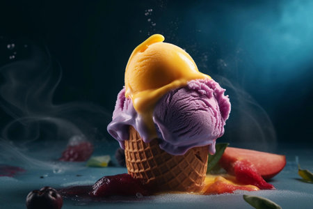 Close up of fresh tasty ice cream in a cone, created with Generative AI technology.の素材