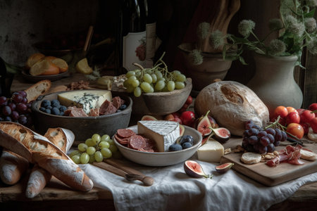 Background with cheese, grapes and pastries, rustic style, created with Generative AI technology.の素材