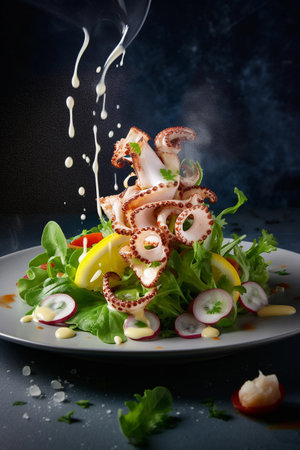 Close-up of salad with squid,created with Generative AI technology.の素材