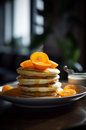 Close up of fresh american pancakes with orange, created with Generative AI technology.の素材