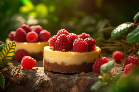 Close up of mini cheesecakes with raspberries.の素材
