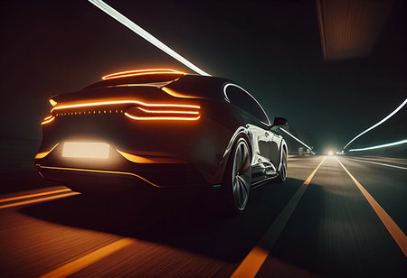 Rear view of sportive electric car in night city, created with Generative AI technology.の素材