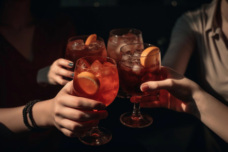 Close up of people toasting with alcoholic drink on a beach, created with Generative AI technology.の素材