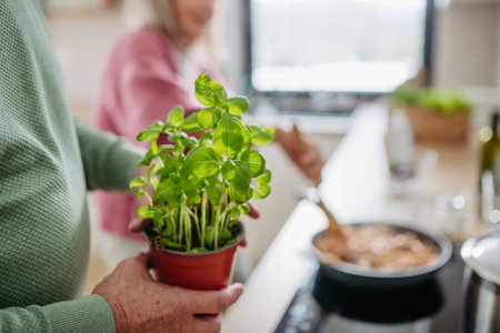 Senior couple cooking together in their kitchen.の写真素材