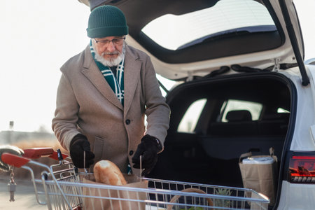 Senior man giving his purchase in electric car trunk.