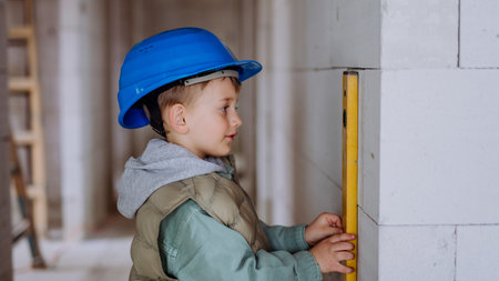 Little boy in unfinished house measuring wall in unfinished house with spirit level.の写真素材
