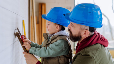 Father and his little son working on their unfinished house.