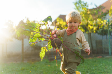 Little boy harvesting beetroots in garden, during autumn day. Concept of ecology gardening and sustainable lifestyle.の写真素材