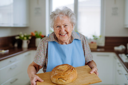 Portrait of senior woman with fresh baked bread.の写真素材