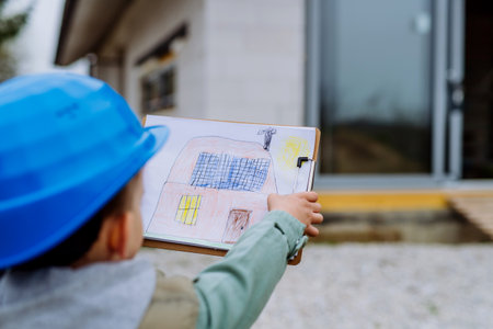 LIttle boy with drawn picture in front of their unfinished house.の写真素材