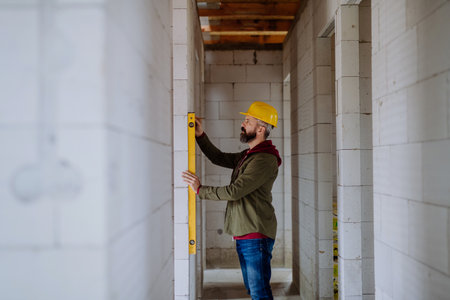 Portrait of mature man working in his unfinished house.