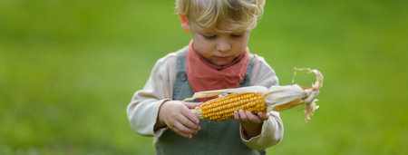 Portrait of little boy holding homegrown corn.