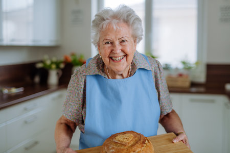 Portrait of senior woman with fresh baked bread.