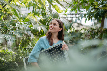 Young woman in botanical garden with photovoltaics panel.