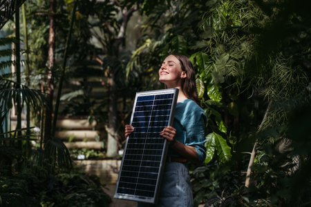 Young woman in botanical garden with photovoltaics panel.の写真素材