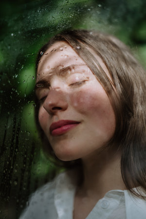 Portrait of young woman in botanical garden.
