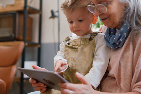 Grandmother and grandson using digital tablet at home.の写真素材
