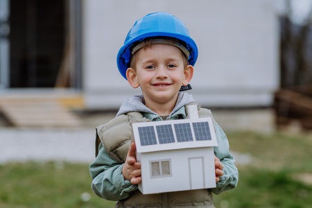 Portrait of little boy in front of their unfinished house holding model of paper house with solar panels.の写真素材
