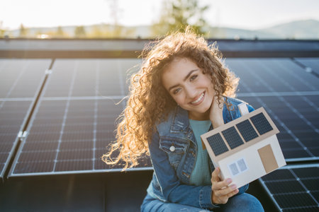 Portrait of young woman on roof with solar panels, holding model of house with photovoltaics.の写真素材