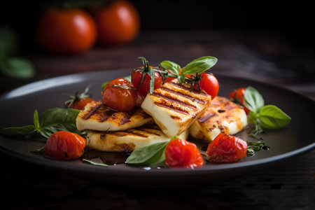 Close up of grilled cheese with tomatoes, created with Generative AI technology.の素材