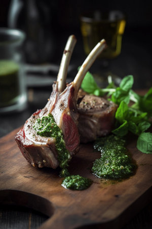 Close-up of lamb chops with green sauce,created with Generative AI technology.の素材