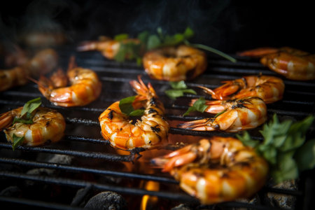 Close up of grilling shrimps on a fire,created with Generative AI technology.の素材
