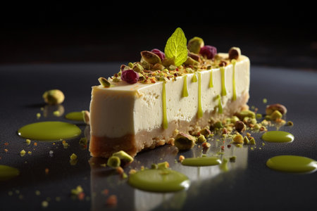 Close up of fresh cheesecake on elegant plate, created with Generative AI technology.の素材