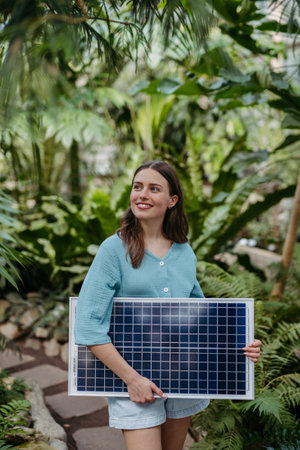 Young woman in jungle holding paper model of house with solar panels, concept of renewable energy...
