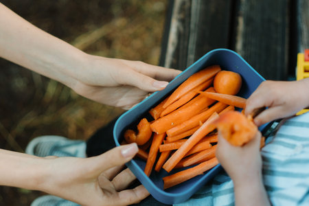 Pieces of raw chopped carrots and apricots in lunch box.の写真素材