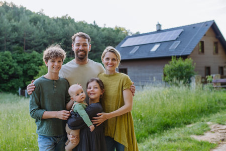 Happy family near their house with solar panels. Alternative energy, saving resources and sustainable lifestyle concept.の写真素材